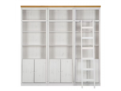 Kit três estantes Biblioteca com portas e escada, acabamento na cor branco lavado com mel | coleção biblioteca